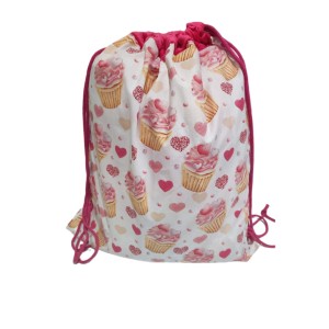 Worek do Przedszkola , na WF Bawełniany 35x40 Babeczki z fuksją  Minky - Worko-Plecak ze Sznurkami, Tunel Minky, Metka na Imię  