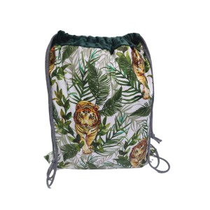Worek do Przedszkola Bawełniany 35x40 Tygrys w dżungli z butelkowa zieleń  Minky - Worko-Plecak ze Sznurkami, Tunel Minky, Metka na Imię