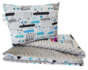 Kołdra Minky 160x200,150x200  lub 140x200 i poduszka Auta szare niebieskie