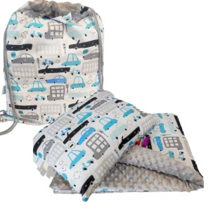 Pościel Minky kocyk do Przedszkola z Workiem 100x135 30x40 zestaw z poduszką Auta szaro-niebieskie