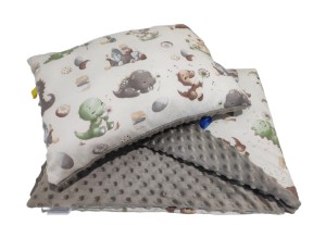 Kocyk i poduszka 75x100 + 30x40 – Dinozaury + beżowy Minky
