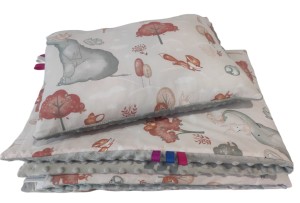 Kocyk z poduszką Minky 75x100 + 30x40 – Słonie / różowy z szarym Minky – komplet dla dziewczynki