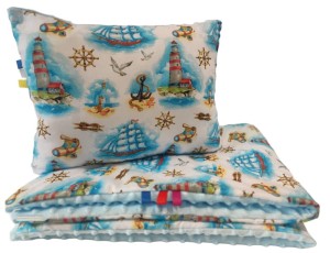 Kocyk z poduszką Minky 75x100 + 30x40 – motyw morski / błękitny – komplet pościeli do przedszkola i żłobka