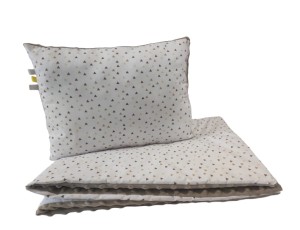 Kocyk z poduszką Minky 75x100 + 30x40 – Trójkąty beżowo-brązowe / beżowy Minky do żłobka