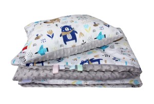 Kocyk z poduszką 75x100 + 30x40 cm – Leśne zwierzęta z szarym Minky – komplet dla dziecka