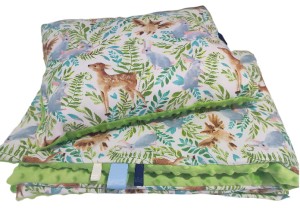 Kocyk 75x100 + Poduszka 30x40 – Sarenki, Sowy i Zajączki w Zielonych Gałązkach z Zielonym Minky | Zestaw do Żłobka i Przedszkola