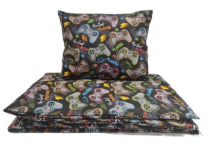 Pościel bawełniana 140x180 + 50x60 – Pady do gry | Czarny wzór gamingowy, 100% bawełna