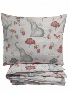 Pościel bawełniana 100x135 + 60x40 – Słoń, sarenka i zajączek na jasnoróżowym tle | Pastelowy leśny wzór