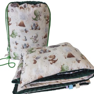 Pościel do Przedszkola z Workiem 100x135 30x40 zestaw Minky z poduszką Dinusie z butelkowym zielonym