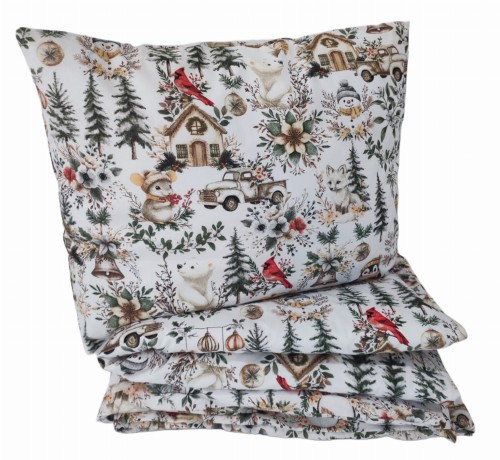 Pościel dziecięca z bawełny w rozmiarze 140x200 cm, w biało-beżowym świątecznym wzorze boho: bombki, bałwanek, pingwinek, choinki i dzwoneczki. Delikatny, naturalny komplet idealny na zimę.jpg