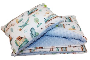 Kocyk Minky  90x200 z poduszką 80x40 cm zwierzątka na huśtawce z beżowym Minky