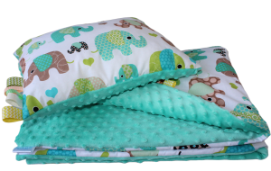 Kocyk i poduszka Minky do Przedszkola i żłobka 70x140, 100x135 lub 100x150 motyw Zielone słoniki