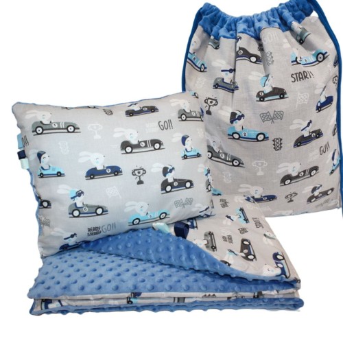 Posciel-z-workiem-do-przedszkola-100x135cm-zestaw-z-poduszka-i-workiem-Minky-bawelna--Krolik-rajdowy-wyscigowy-metka-na-imie .jpg