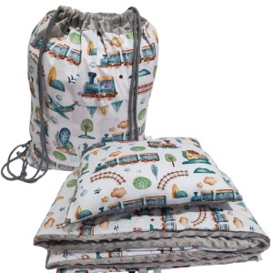 Pościel Minky do Przedszkola z Workiem zestaw 100x135 30x40 z poduszką Ciuchcia z szarym Minky