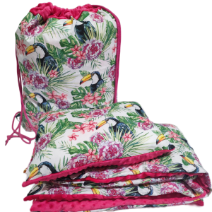 Pościel Minky do Przedszkola z Workiem zestaw 100x135 30x40 z poduszką Tukan w kwiatach z fuksją Minky