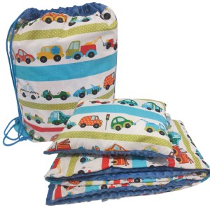 Pościel Minky do Przedszkola z Workiem 100x135 30x40 zestaw z poduszką Małe autka z niebieskim Minky