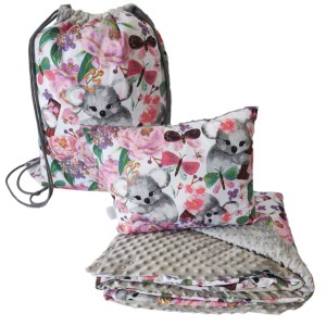 Pościel Minky do Przedszkola z Workiem zestaw 100x135 30x40  z poduszką Koala w kwiatach z szarym Minky